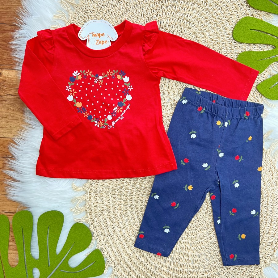Conj. Blusa Manga Longa Só Floresce Amor Aqui e Calça Legging - Vermelho e Marinho